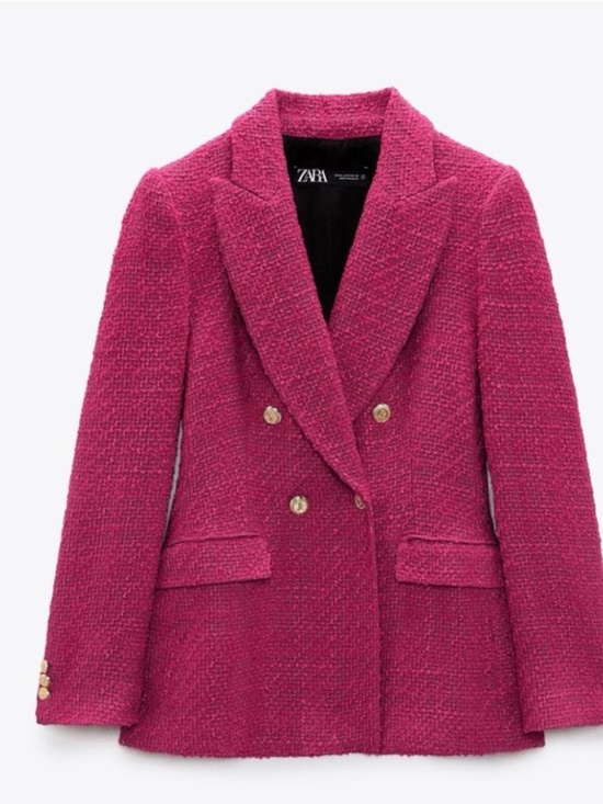 Zara Jackets & Blazers - Zara Fuchsia Pink Double-Breasted Tweed Blazer with Gold Buttons Size Small